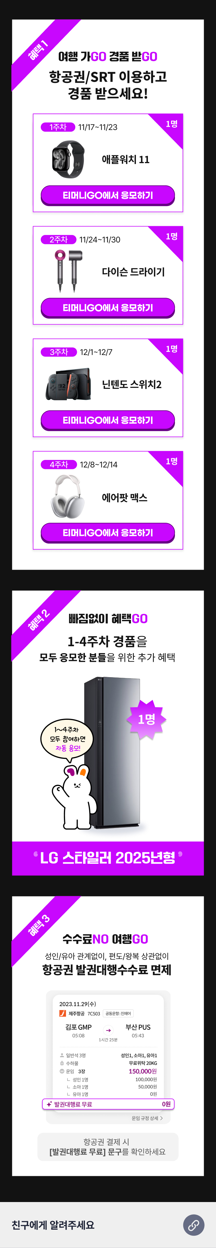 혜택 1 여행가GO 경품 받GO 항공권/SRT 이용하고 경품 받으세요 1주차 11/17~11/23 애플워치 11 (1명) 티머니GO에서 응모하기 2주차 11/24~11/30 다이슨 드라이기 (1명) 티머니GO에서 응모하기 3주차 12/1~12/7 닌텐도 스위치2 (1명) 티머니GO에서 응모하기 4주차 12/8~12/14 에어팟 맥스 (1명) 티머니GO에서 응모하기 혜택2 빠짐없이 혜택GO 1-4주차 경품을 모두 응모한 분들을 위한 추가 혜택 1~4주차 모두 참여하면 자동 응모! 1명 LG스타일러 2025년형 혜택3 수수료NO 여행GO 성인/유아 관계없이, 편도/왕복 상관없이 항공권 발권대행수수료 면제 항공권 결제 시 발권대행료 무료 문구를 확인하세요 친구에게 알려주세요