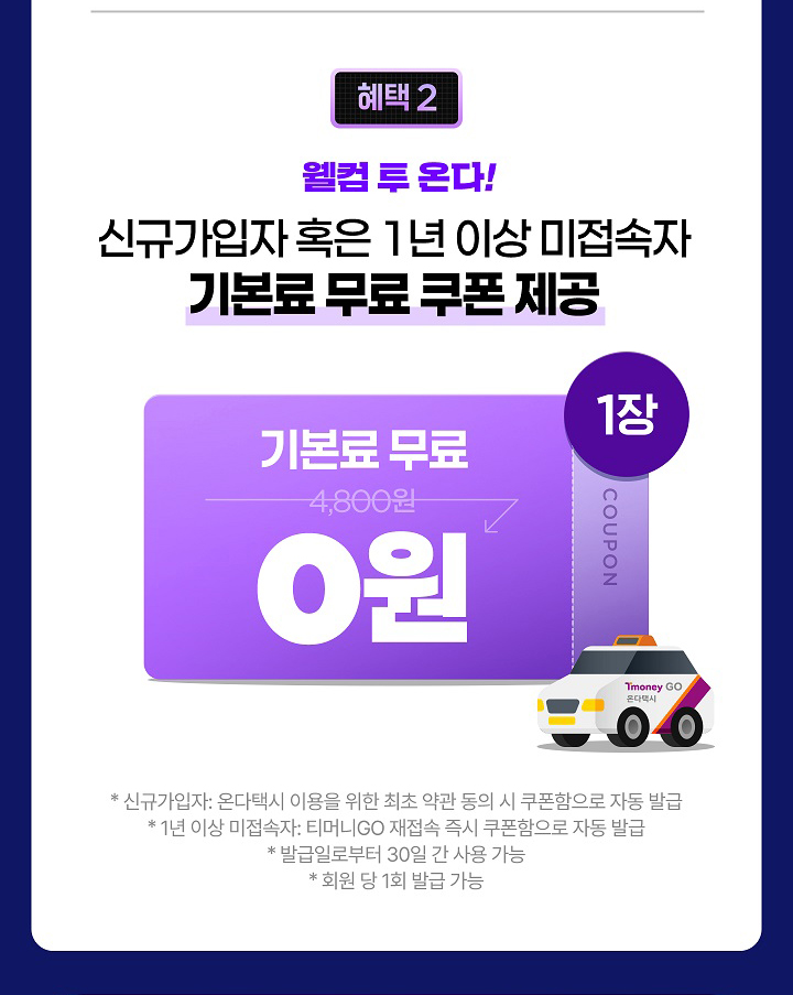 혜택 2 웰컴 투 온다! 신규가입자 혹은 1년 이상 미접속자 기본료 무료 쿠폰 제공 *신규가입자: 온다택시 이용을 위한 최초 약관 동의 시 쿠폰함으로 자동 발급 *1년 이상 미접속자: 티머니GO 재접속 즉시 쿠폰함으로 자동 발급 *발급일로부터 30일 간 사용 가능 *회원 당 1회 발급 가능